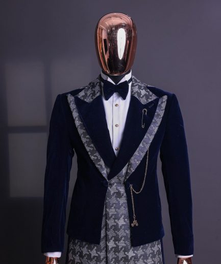 A Navy & light Carolina blue “octopussy” dogtooth Checkered jacquard, peak lapel 4 lapel layered tuxedo suit.