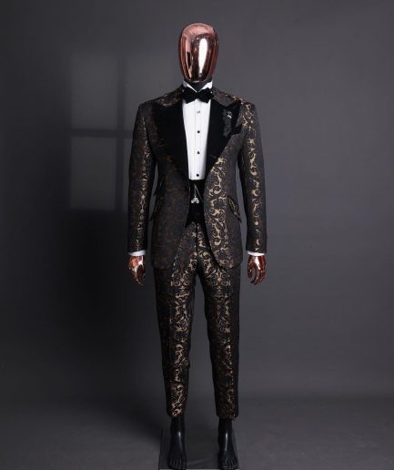 A Gold and black mandarin metallic floral jacquard, peak lapel tuxedo suit