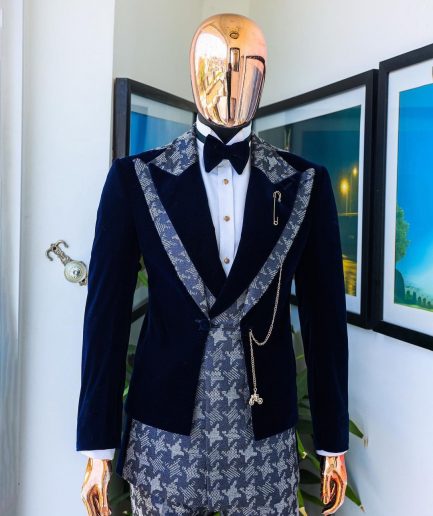 A Navy & light Carolina blue “octopussy” dogtooth Checkered jacquard, peak lapel 4 lapel layered tuxedo suit.