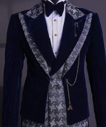 A Navy & light Carolina blue “octopussy” dogtooth Checkered jacquard, peak lapel 4 lapel layered tuxedo suit.