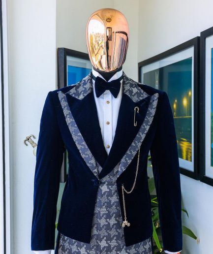 A Navy & light Carolina blue “octopussy” dogtooth Checkered jacquard, peak lapel 4 lapel layered tuxedo suit.