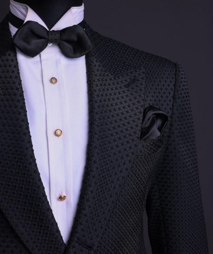 A Charcoal black, dotted jacquard, half-double-breasted suit