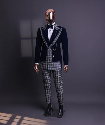A Navy & light Carolina blue “octopussy” dogtooth Checkered jacquard, peak lapel 4 lapel layered tuxedo suit.