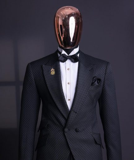 A Charcoal black, dotted jacquard, half-double-breasted suit