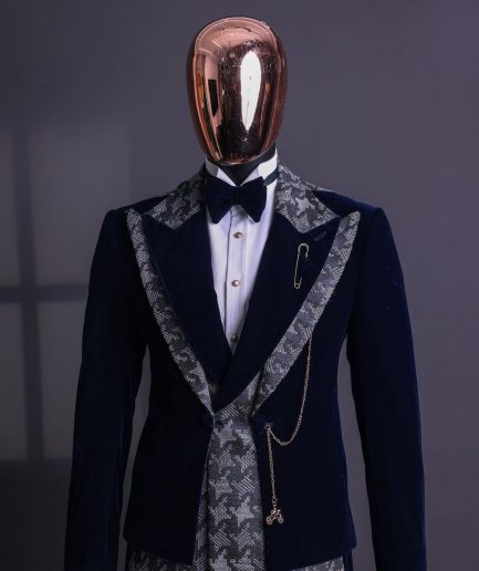 A Navy & light Carolina blue “octopussy” dogtooth Checkered jacquard, peak lapel 4 lapel layered tuxedo suit.