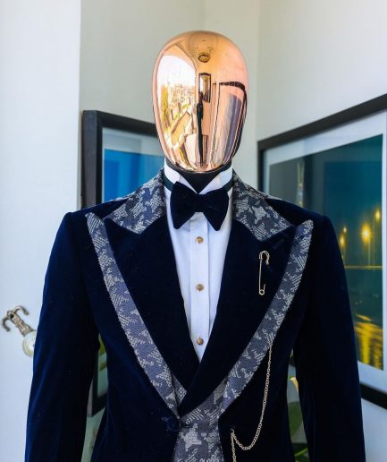 A Navy & light Carolina blue “octopussy” dogtooth Checkered jacquard, peak lapel 4 lapel layered tuxedo suit.
