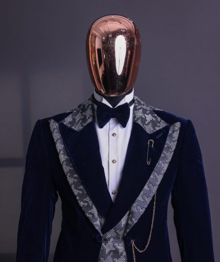 A Navy & light Carolina blue “octopussy” dogtooth Checkered jacquard, peak lapel 4 lapel layered tuxedo suit.