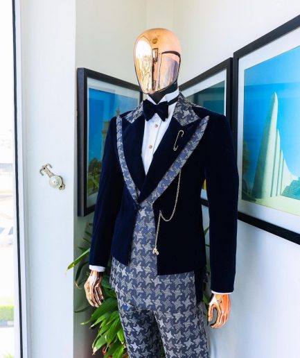 A Navy & light Carolina blue “octopussy” dogtooth Checkered jacquard, peak lapel 4 lapel layered tuxedo suit.