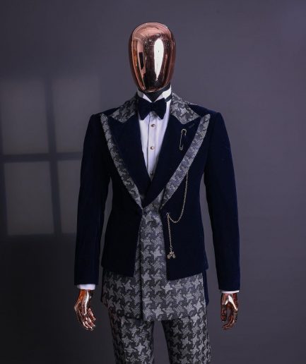 A Navy & light Carolina blue “octopussy” dogtooth Checkered jacquard, peak lapel 4 lapel layered tuxedo suit.
