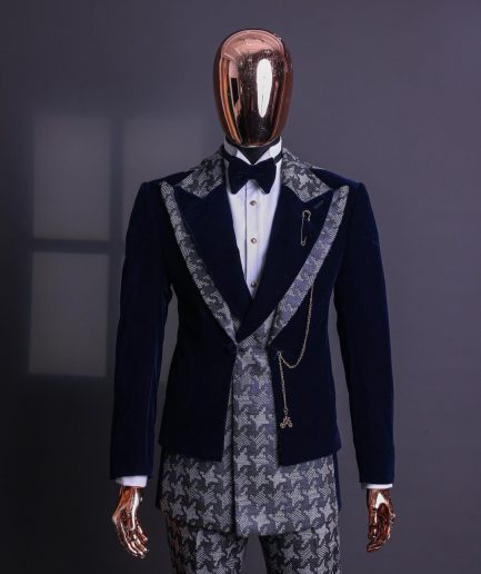 A Navy & light Carolina blue “octopussy” dogtooth Checkered jacquard, peak lapel 4 lapel layered tuxedo suit.