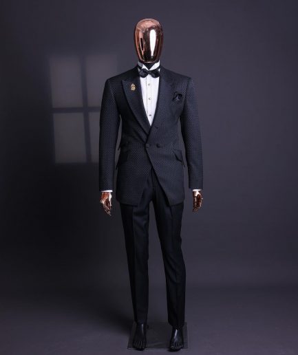 A Charcoal black, dotted jacquard, half-double-breasted suit