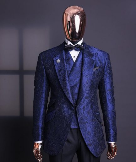 A Navy blue, knitted, root floral jacquard notch lapel suit