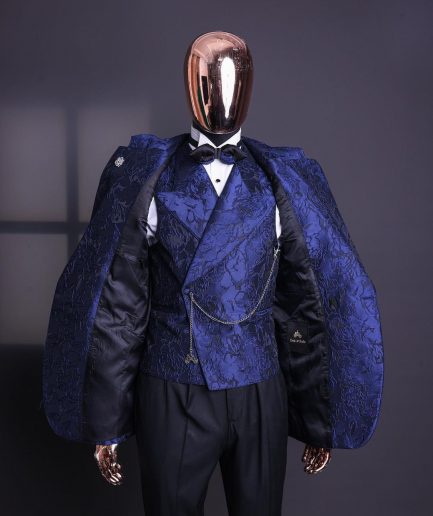 A Navy blue, knitted, root floral jacquard notch lapel suit