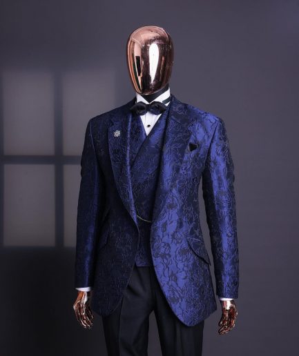 A Navy blue, knitted, root floral jacquard notch lapel suit