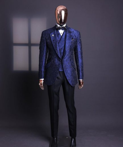 A Navy blue, knitted, root floral jacquard notch lapel suit