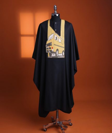 A Charcoal black, “omo danfo” embroidery details agbada, 3/4 sleeve kaftan & sokoto