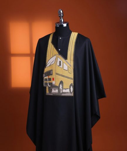 A Charcoal black, “omo danfo” embroidery details agbada, 3/4 sleeve kaftan & sokoto