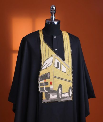 A Charcoal black, “omo danfo” embroidery details agbada, 3/4 sleeve kaftan & sokoto