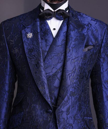 A Navy blue, knitted, root floral jacquard notch lapel suit