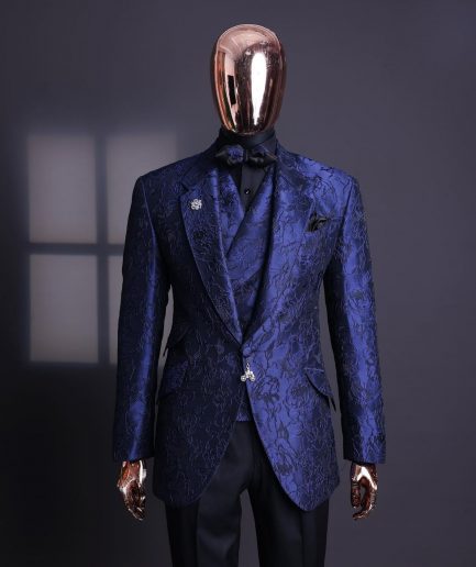 A Navy blue, knitted, root floral jacquard notch lapel suit.