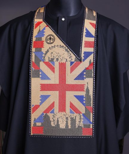 A Charcoal black, “British racing” embroidery details agbada, 3/4 sleeve kaftan & sokoto