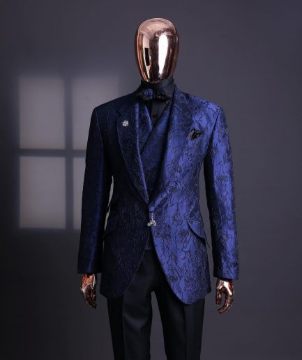 A Navy blue, knitted, root floral jacquard notch lapel suit.