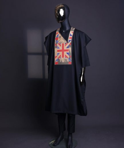 A Charcoal black, “British racing” embroidery details agbada, 3/4 sleeve kaftan & sokoto