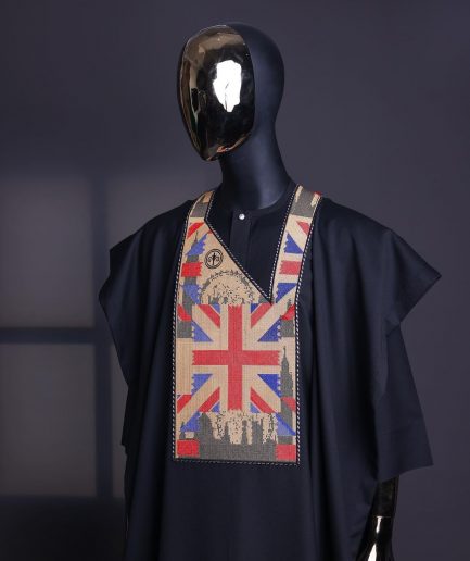A Charcoal black, “British racing” embroidery details agbada, 3/4 sleeve kaftan & sokoto