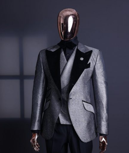 A Silver and black, knitted, jacquard peak lapel tuxedo suit