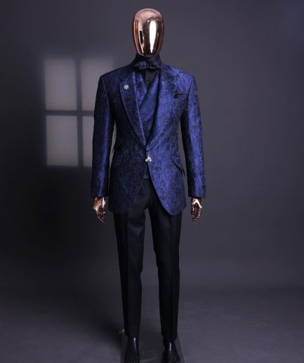 A Navy blue, knitted, root floral jacquard notch lapel suit.