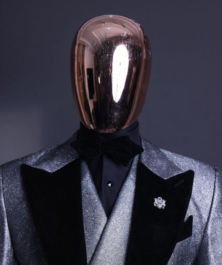 A Silver and black, knitted, jacquard peak lapel tuxedo suit