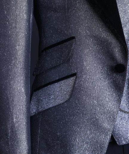 A Silver and black, knitted, jacquard peak lapel tuxedo suit