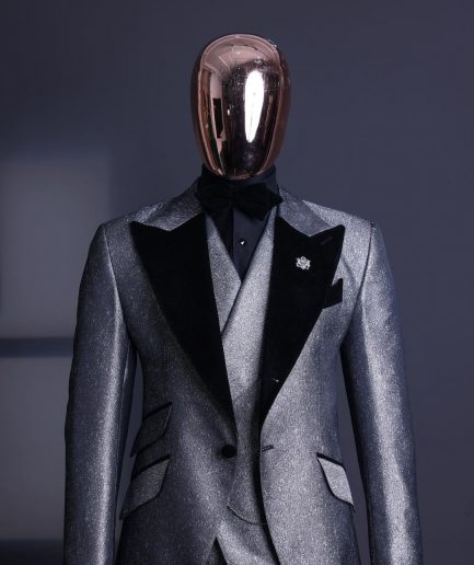 A Silver and black, knitted, jacquard peak lapel tuxedo suit