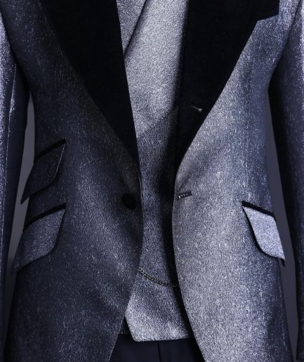 A Silver and black, knitted, jacquard peak lapel tuxedo suit