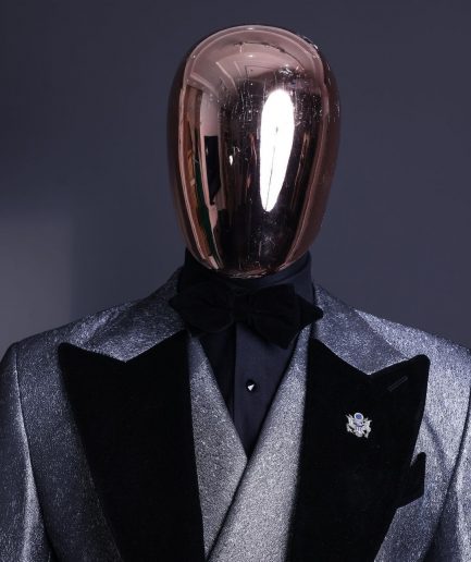 A Silver and black, knitted, jacquard peak lapel tuxedo suit
