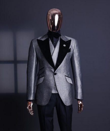 A Silver and black, knitted, jacquard peak lapel tuxedo suit