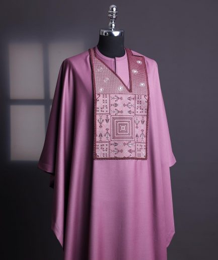 An Orchid Purple, “Egyptian Architecture” Embroidery Details Agbada