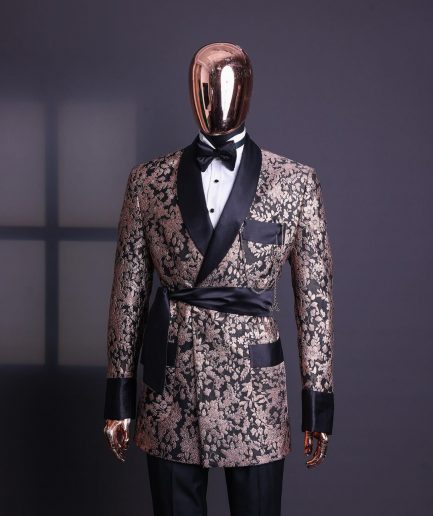 A Floral splashed pink metallic jacquard, shawl lapel wrap tuxedo suit