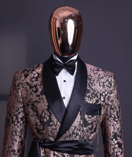A Floral splashed pink metallic jacquard, shawl lapel wrap tuxedo suit