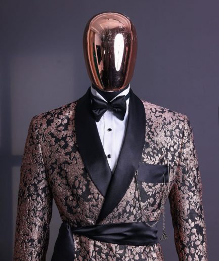 A Floral splashed pink metallic jacquard, shawl lapel wrap tuxedo suit