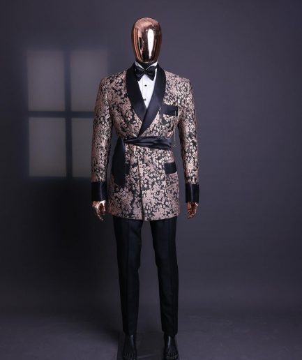 A Floral splashed pink metallic jacquard, shawl lapel wrap tuxedo suit