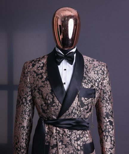 A Floral splashed pink metallic jacquard, shawl lapel wrap tuxedo suit