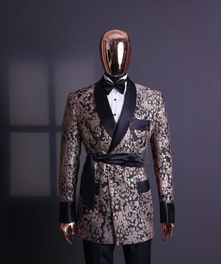 A Floral splashed pink metallic jacquard, shawl lapel wrap tuxedo suit
