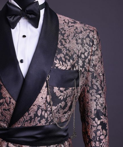 A Floral splashed pink metallic jacquard, shawl lapel wrap tuxedo suit