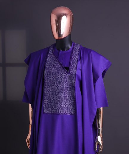 An Aesthetic purple, “Connected circled” embroidery details Agbada.