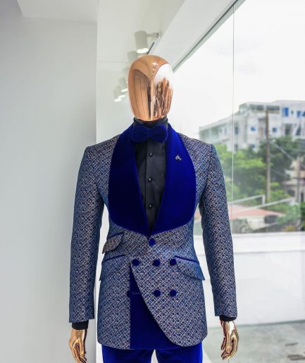 A Reloaded “pirate”, spotted navy blue and orange metallic jacquard, shawl lapel tuxedo suit