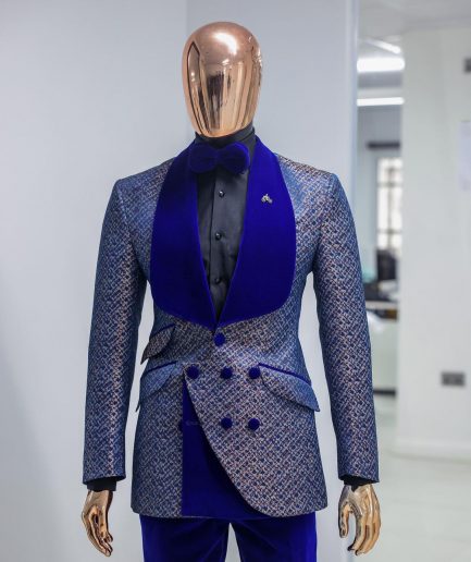 A Reloaded “pirate”, spotted navy blue and orange metallic jacquard, shawl lapel tuxedo suit