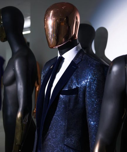 A Navy blue, floral pattern jacquard, slim notch lapel tuxedo suit
