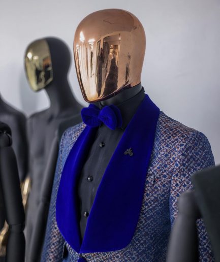 A Reloaded “pirate”, spotted navy blue and orange metallic jacquard, shawl lapel tuxedo suit