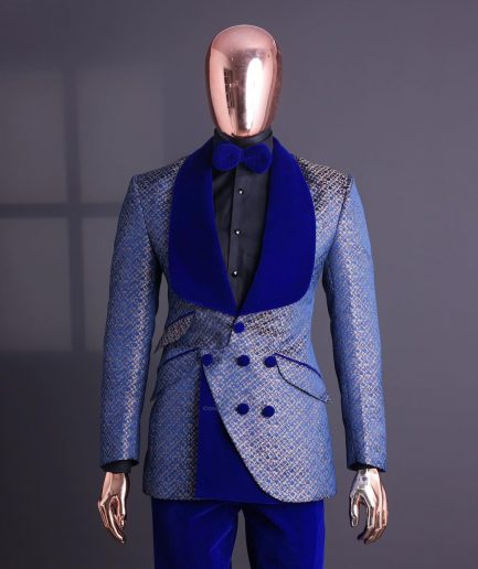 A Reloaded “pirate”, spotted navy blue and orange metallic jacquard, shawl lapel tuxedo suit